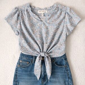 Faith and Joy Coquette Floral Tie Blouse Blue Soft Girl Aesthetic S